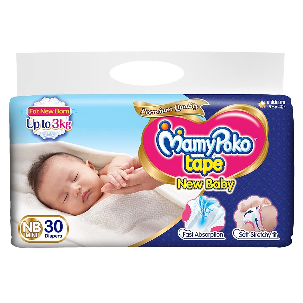MAMY POKO NEW BABY Tape (Daiper ) air-silky sheet that touches the baby's skin gently NB MINI 30 NOS up to 3 kg
