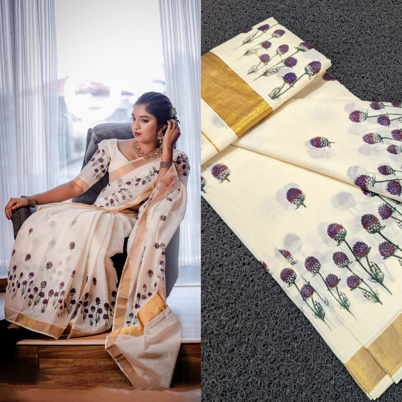Sai Ram Textiles Premium Quality Vadamali / Common Globe Amaranth Flower Cotton Saree With Blouse | Kerala Set Saree