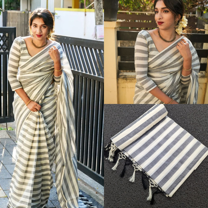 Sai Ram Textiles Kuthampully Pure Cotton Premium Quality Fancy Lines saree with tassels - White & Ash Colour