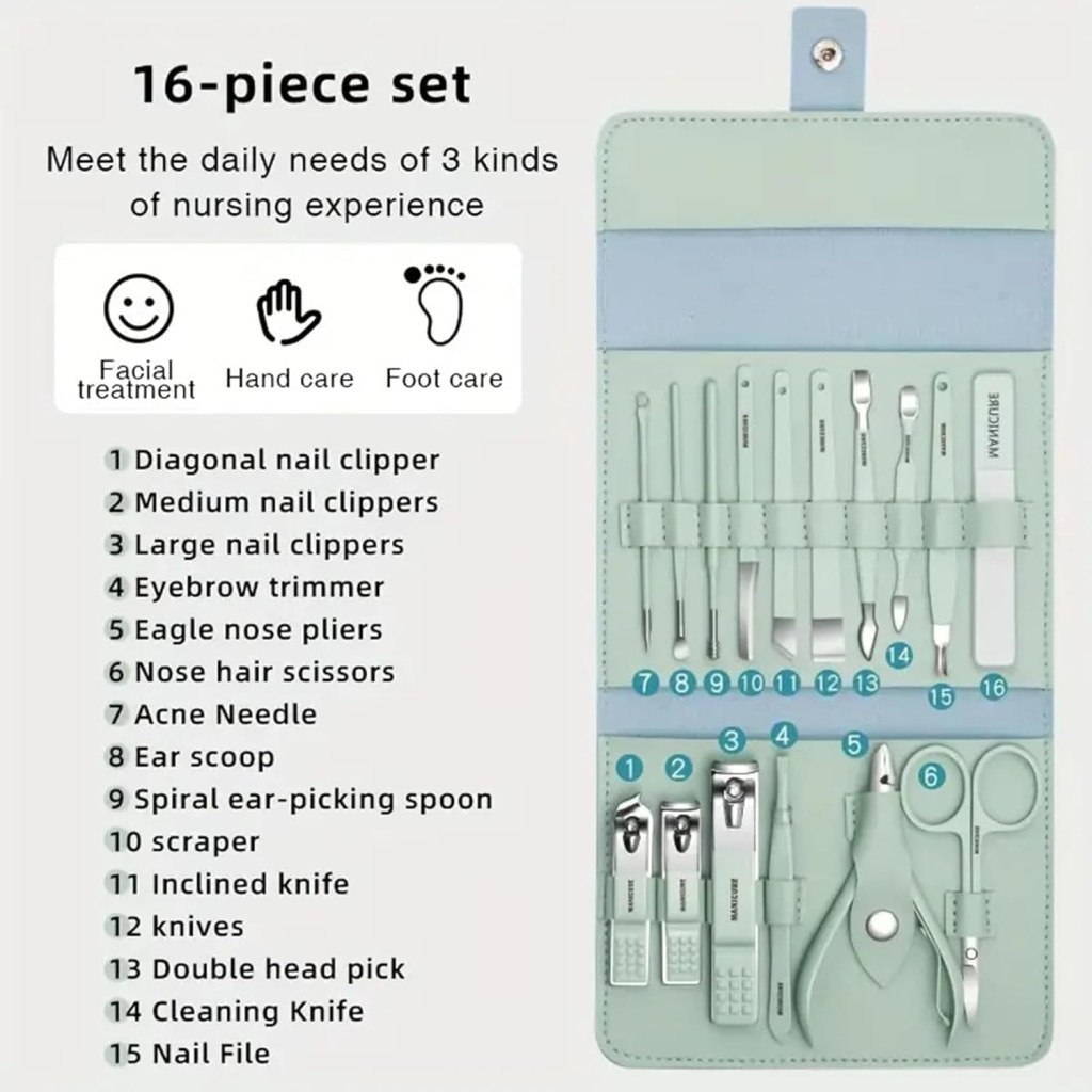 Professional Stainless Steel 16-in-1 Manicure & Pedicure Kit for Women & Men | Nail Clippers, Nail Scissors, Cuticle Trimmer, Grooming Tools Set with Luxury Travel Case (Multi-Color)