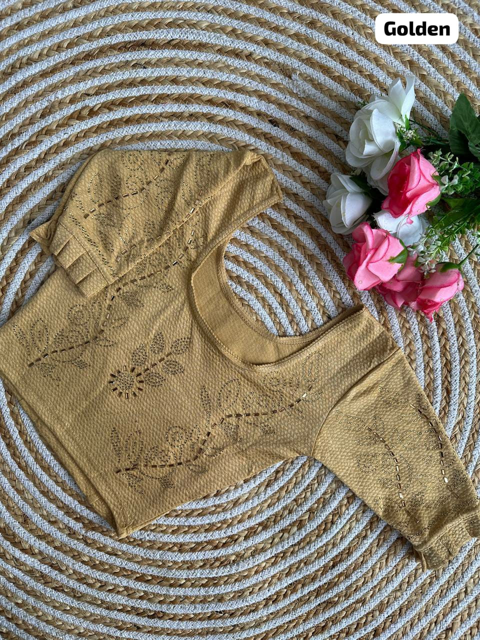 Sai Ram Textiles Fancy Sirojki Work Jhari Pushpa Designed Round Neck Lycra Stretchable Readymade Blouse - Golden Colour (Stitched Blouse) | Stitched Saree Blouse