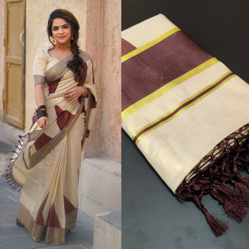 Beautiful Premium Quality Coffee Brown Temple Tissue Saree With Blouse | Kerala Set Saree