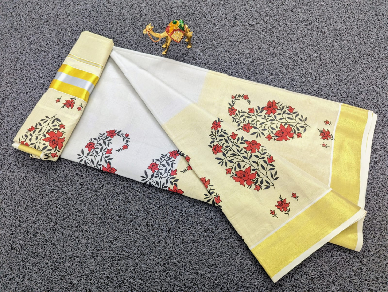 Sai Ram Textiles Premium Quality Three Layer Mango Design Saree With Blouse | Kerala Set Saree