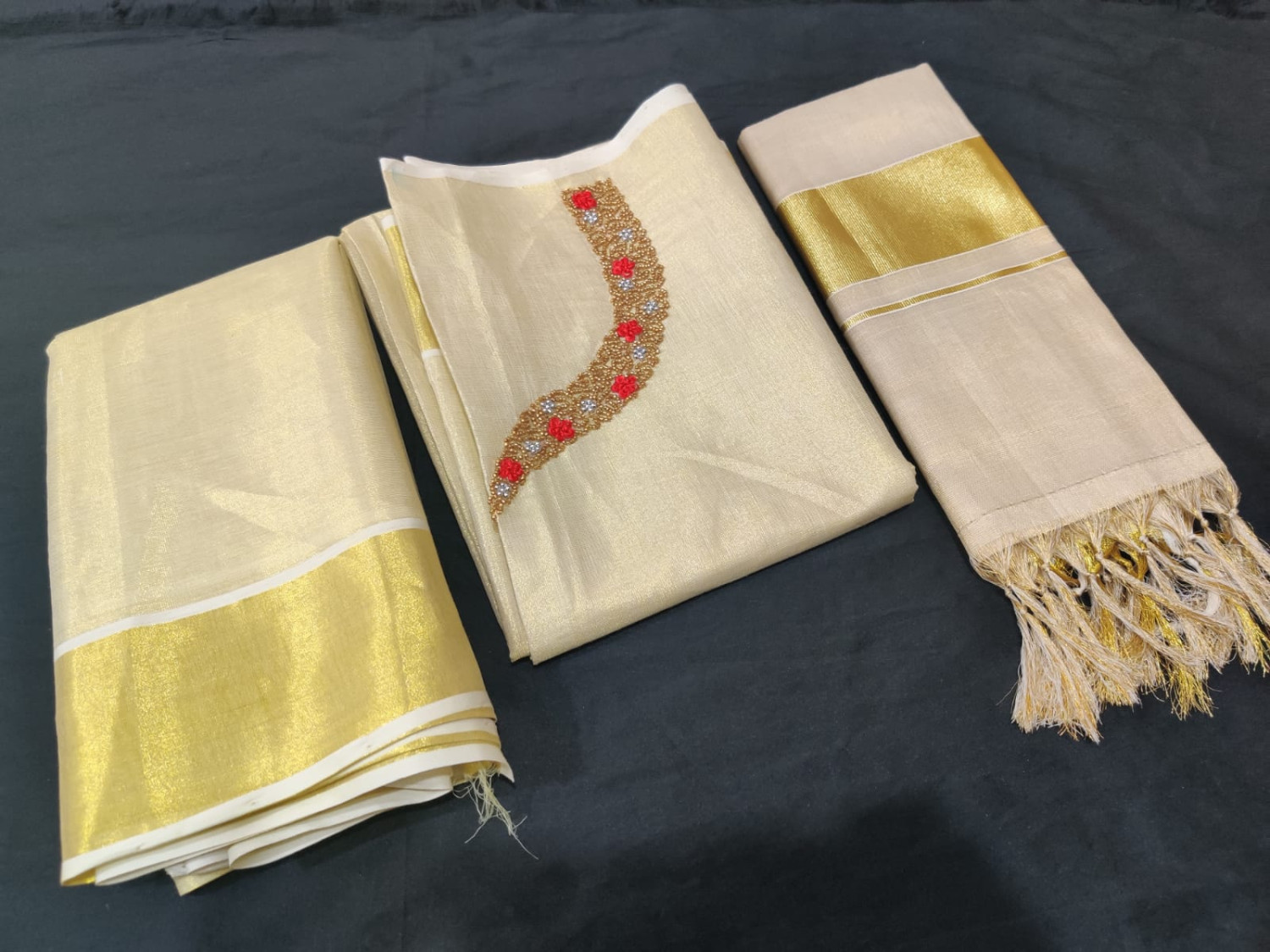 Sai Ram Textiles Cotton Stone Worked Golden Tissue Churidar Full Set Material - For Women | Kerala Traditional Churidar Material