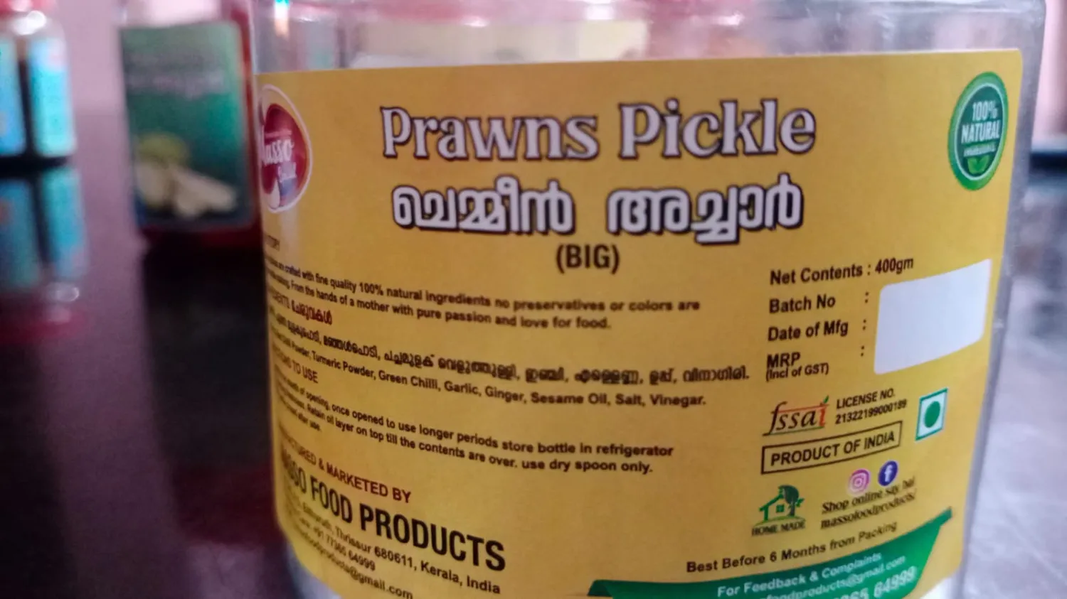 Prawns pickle Masso The Real Taste Of Kerala Homemade Special Prawns Pickle (ചെമ്മീൻ) - 200g, 400g | Natural & Organic Homemade Prawns Pickle | prawns Achar