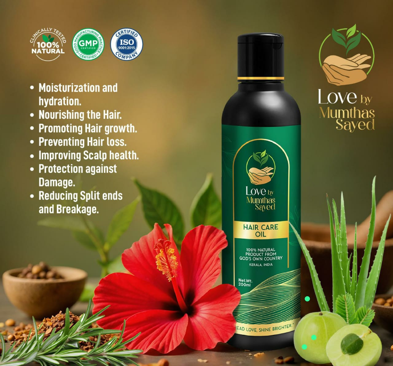 Hair Care Oil 200ml | Love by Mumthas Sayed | 100% Natural Hand Made Skin Care Oil | Inspired from Ayurvedic Dermatology | VARNYA GANA herbs | Thriphala